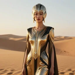 innovative avant - garde art, deco fashion, asian women, highly detailed, photorealistic portrait, serene desert setting, golden hour, crisp quality and light reflections, unreal engine 5 quality render