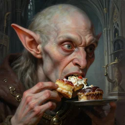 closeup profile face portrait of a medieval goblin eating cakes in the cathedral, beautiful face, hyper realistic, highly detailed, digital painting, artstation, illustration, hyung tae, frank frazetta, bosch, giger, digital paint, matte paint, washed colors, dark, gloomy, detailed and intricate environment