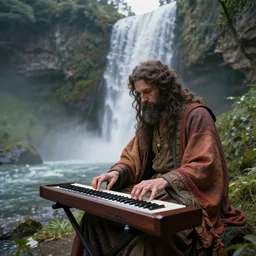 a sage in fabrics under a waterfall in a beautiful mountainous area, in style arcane, musician, musical keyboard, hyper detailed, digital art, trending in artstation, cinematic lighting, studio quality, smooth render, unreal engine 5 rendered, octane rendered, art style by joseph christian leyendecker and wlop and krenz cushart