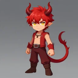 a red haired boy with golden eyes and demon horns and a spiked tail. By Atey Ghalian