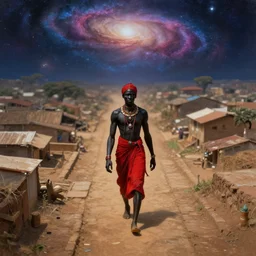 orisha esu the african male god streets and paths who transits between the earth and the sky and wears red and black with the galaxy! in the background | deep focus, high angle, highly detailed, painting by vittorio mateo corcos and rolf armstrong