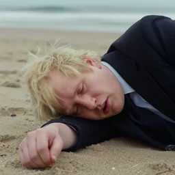 film still close - up shot of boris johnson passed out on the beach from the movie monty python's the meaning of life. photographic, photography