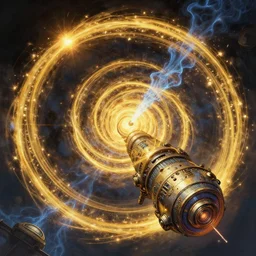 oil sci fi painting of time machine, futuristic, energy sparks, golden ratio, spiral, plasma, high technoloy, octane rendering, trending on artstation, by, studio ghibli, michael whealan and james gurney detailed, 8 k