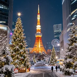 beautiful and highly detailed 3 d render of tokyo with many lights and lens flares, snowy winter christmas night