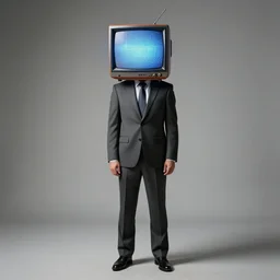 full body man in suit with a cathode ray tube TV covering his head