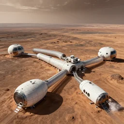 mars landscape with colony pods connected via fiberglass tunnels