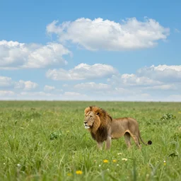 a green field with a lion faded in the blue sky with clouds