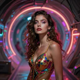 woman on an acid trip through a tunnel, neon volumetric lights,