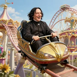 a stunning matte portrait of a smiling and laughing severus snape riding a roller coaster at a carnival and having a great time, bright sunny day, intricate, elegant, highly detailed, digital painting, artstation, sharp focus, octane render, volumetric lighting, art by alphonse mucha and john william waterhouse, pixv