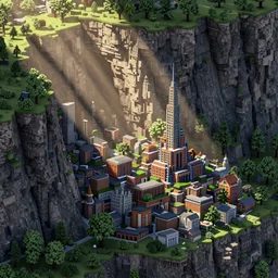 a voxelized cliff side town, volumetric lighting, light rays, photorealistic, ultrarealistic, coronarender, 8k