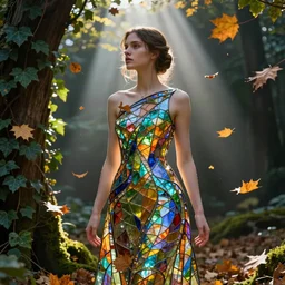 portrait of a woman wearing a dress of stained glass , autumn leaves falling, dramatic volumetric lighting, god rays, global illumination, soft, sharp focus, sci-fi, ivy, moss, trending on artstation, intricate concept art by Sebastian Luca and Ruan Jia