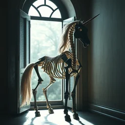 a unicorn horse skeleton standing next to an open window, dramatic lighting, cinematic, artstation