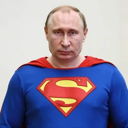 obese vladimir putin wearing superman costume, real still photograph close up