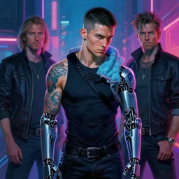 cyberpunk style, attractive male with tattoo, robotic arm, neon lights, cool tint, painting by gaston bussiere, craig mullins, j. c. leyendecker, tom of finland