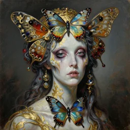 high resolution sharp focus extremely hyperrealistic horrifyingly beautiful 3 / 4 portrait oilpainting of bug lady of the skull butterfly metropolitan maam portrait by michael hussar in style of michael hussar and rene lalique artnouveau ceramic effect gild strips like ali franco's paintings 8 k