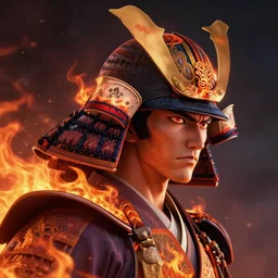 a profile picture of powerful japanese samurai wearing fire gear, detailed face, face symmetry, fanart artstation global illumination rtx, character concept portrait by moebius and laurie greasley, profile picture, 8 k, cinematic color grading