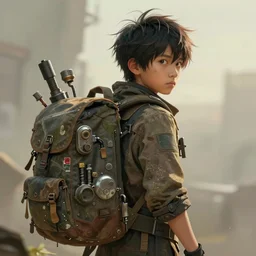 an intricate concept art of a boy with backpack and sci - fi tools, cinematic, post - apocalyptic, hyper maximalist, matte painting, ultra detail, concept art, hyper realistic, cgsociety, hyper maximalist, artstation, deviantart, style by feng zhu and dylan cole, octane render, anime style