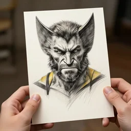 person holding a picture, picture is poor sketch of wolverine, sharp focus, photography, unreal engine, trending on artstation, photorealistic, octane, trending on deviantart