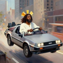 african jesus jesus driving a hovering delorean in the city, art style by ernie barnes,