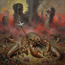 fine art oil painting varied muck jeweled, filthy rugated armored crustaceans, morning star weapon 1 5 0 0 s, clawing & terrified as massive brutalist structures, claustrophobic cilia sporing pox, final battle failure, red mustard gas fog, by alex nino, francesco blanc, geof darrow, bisley, b wolverton, jack gau