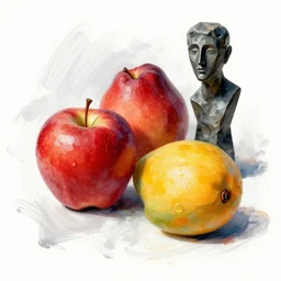 apples and mangos in the style of eileen agar and olexander archipenko, noise, stroke around the apples and mangos, cut out effect