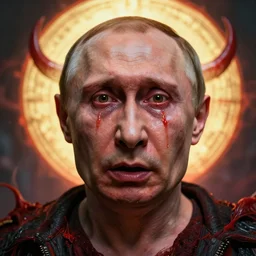 shocked face of putin demon, hell, tears, hyper - realistic, sharp focus, depth of field, hyper - detailed visionary art, symmetric, hell, holy halo, dramatic ambient lighting, high detail, vibrant colors, the thing 1 9 8 2