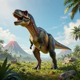 dinosaur in jurassic jungle, volcanoes, ulreawide shot, cinematic, unreal 4 3 d