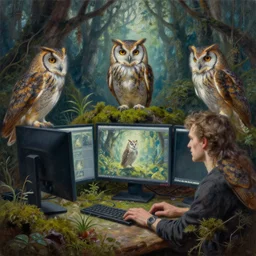 portrait of owls looking at computer screens in a beautiful witch forest moss plants, 4 k oil on linen by wlop, artgerm, andrei riabovitchev, nuri iyem, james gurney, james jean, greg rutkowski, highly detailed, soft lighting 8 k resolution oil on canvas, concept art, cgsociety, octane render, trending on artstation, art