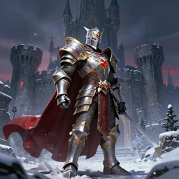 paladin knight in snow in front of a castle, highly stylized, riot games concept art, moody, high contrast, vibrant colors, dark fantasy, 8k, ultra detailed, midjourney