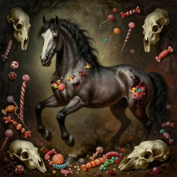 renaissance style painting of a horrifying evil horse, surrounded by different kinds of candy and bones, evil candy mare, extremely scary, extremely detailed!!!, horror themed, dim lighting, gothic style painting, horse skulls everywhere, horrifying, grim colors, dark dramatic lighting, open wound filled with candy on horse