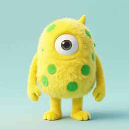a yellow monster with green dots and only one leg