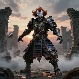 portrait of a diabolical cyborg clown samurai, torn cape, heavy armor, dynamic pose, glowing eyes, ancient ruins, glowing veins subsurface scattering, in clouds, sunset, portrait, by gerald brom, by mikhail vrubel, by peter elson, muted colors, extreme detail, reflections, trending on artstation, 8 k