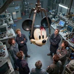 top view of many mechanics in lab facility looking at bloody disney mouse head lifted by claw, made by beeple, cgsociety, artgerm, greg rutkowski, highly detailed intricate 4 k art, low light cinematic, octane render, unreal engine, smooth concept art