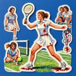 cut and paste stickers painting of a young adult women playing tennis, retro, grass, tennis shoes, blue background, blood stains on shirt, blood on tennis court, bleeding audience, illustration, traditional drawing style, dramatic mood, textured canvas, highly detailed, fine art, melancholic art, oil pastels, 8 k render octane high definition cgsociety