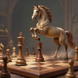a chess piece comes alive, the horse jumps over the tower piece in the wooden chessboard, fantasy art, in the style of greg rutkowski, illustration, epic, fantasy, cinematic, intricate, hyper detailed, artstation, concept art, smooth, sharp focus, ray tracing