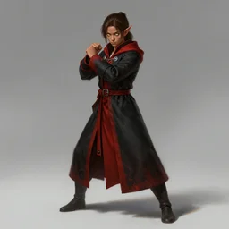 portrait of teenager female half elf monk, full body black and red longcoat, fist training, detailed face, brown hair, short ponytail, golden eyes, brown skin, high fantasy, dnd, extremely detailed, concept art, matte painting, by artgerm