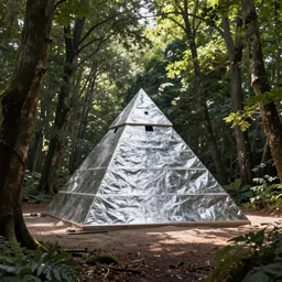 large silver pyramid in the middle of a clearing in a brightly lit forest