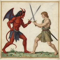 A mixed mediart of two people, one a demon and the other a human, fighting each other with swords. illuminated manuscript by Alvar Aalto blocks