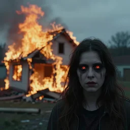 a photo of a house burning down in the background and a person with an eerie expression and glowing eyes in the foreground, strong depth of field