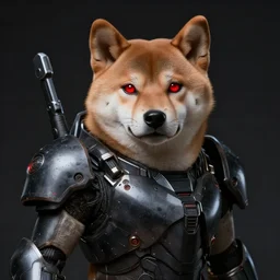 jin - roh kerberos panzer armor, anthropomorphic shiba inu, science fiction, red glowing eyes, dark, by artgerm and greg rutkowski and magali villeneuve, realistic face