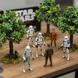 a detailed photo of a realistic diorama with star wars toys, macro photography, zoom, model trees, table