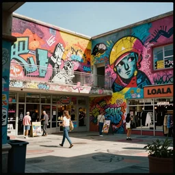 realistic and cinematic views of of an Orwellian shopping center within Los Angeles, dystopia, extreme detail, graffiti art style, vibrant colors, realism, 35mm film grain