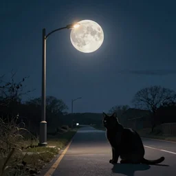 black cat, moon, road, streetlight, Jason Degraaf, Edward Hopper, Don Eddy. Hyper realistic, unreal 5, artstation, high detail.