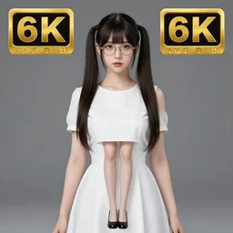an award winning full body portrait of a young woman with twin tails, wearing glasses and a white dress, symmetric and beautiful face, intricate, sharp focus, very detailed, photo taken with Sony a7R, Unreal Engine 5, 8k