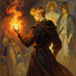 young man using fire magic, wearing mages robes, back view, short blond hair, realistic painting by ross tran and gerald brom and alphonse mucha, artgerm, trending on artstation