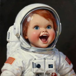 a cute little chucky doll screaming. he is dressed as an astronaut. well composed, clean elegant painting, beautiful detailed face. comic book art by steve ditko and jack kirby and ( alphonse mucha )