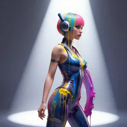 a cyberpunk goddess, side portrait, striking, defiant, spotlight, paint drips, paint splatter, vibrant colors, 1 9 years old, beautiful eyes, by marco paludet and gianni strino and marion bolognesi - n 4
