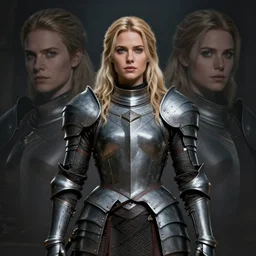front centered symmetrical RPG avatar portrait, Elisha Cuthbert as a paladin, blonde hair, grey armour, dramatic lighting, cinematic, establishing shot, high detail, photo realistic, cinematic lighting, post processed, 8k, concept art, artstation, matte painting, in the style of eddie mendoza, raphael lacoste, alex ross
