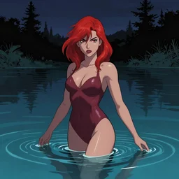 a beautiful comic artwork by Jerome Opeña of a woman with red hair coming out of a lake at night, featured on artstation