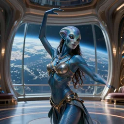 vfx movie scene closeup portrait of beautiful blue skin skimpy alien woman dancing in sleek futuristic decadent spaceship pillars, futuristic ballroom. giant windows view of earth obit. by emmanuel lubezki
